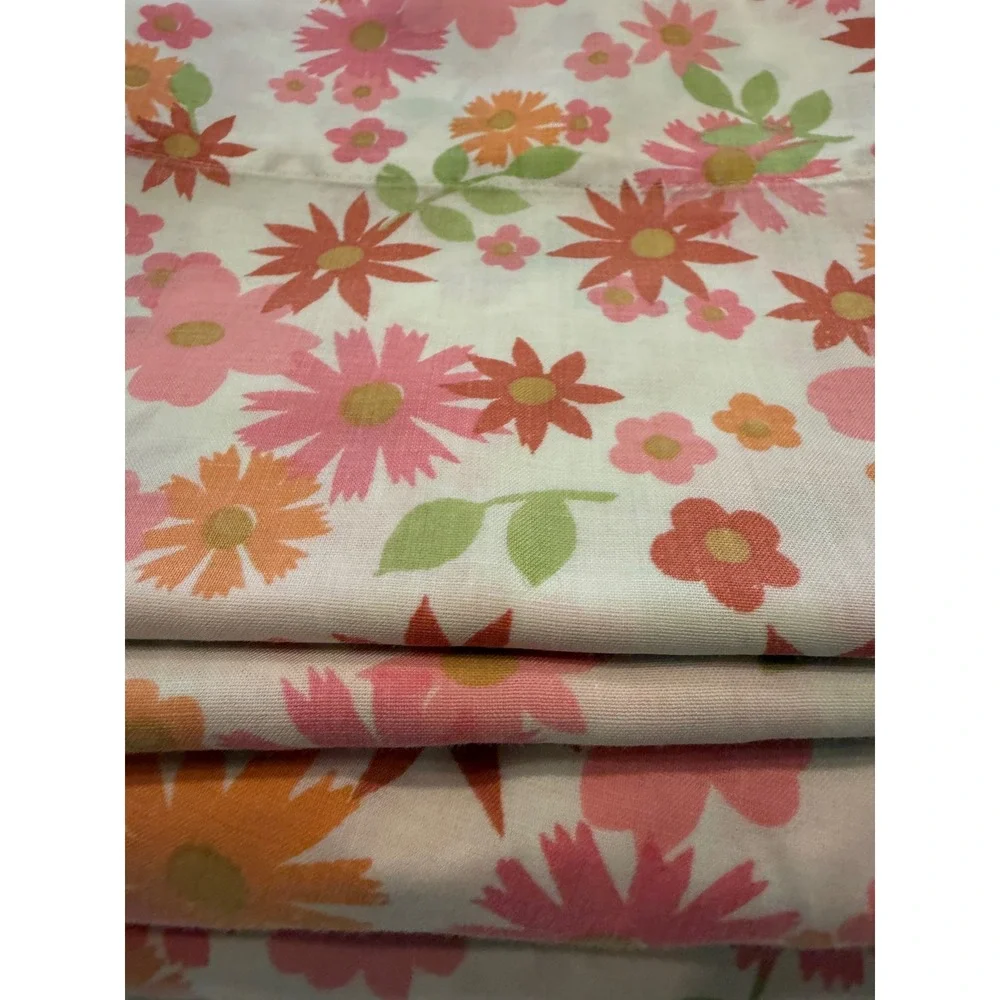 Vintage Sears Perma-Prest Floral Full Fitted Sheet and 2 Pillowcases Pink Orange